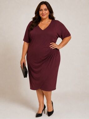 Aura Plus-Size V-Neck Ruched Midi Dress in Plum